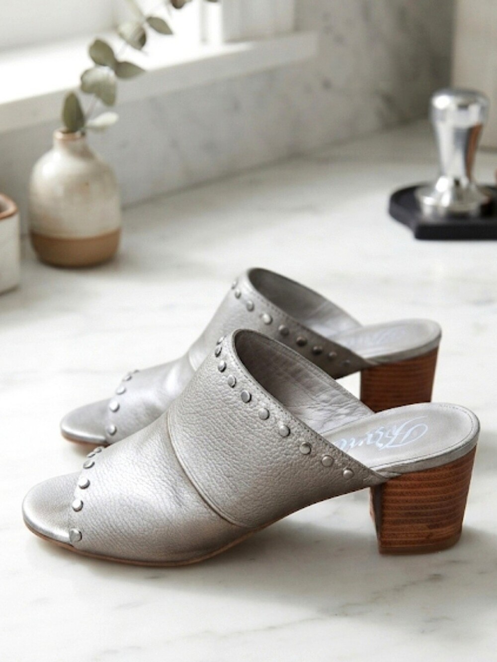 Brighton Tap Zinc Pearl Leather Studded Peep Toe Heeled Sandals Made In Brazil 9